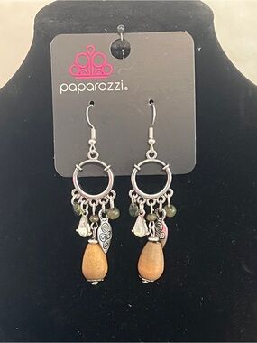 Paparazzi Silver Hoop & Wood Teardrop Dangle Earrings - Olive & Wood